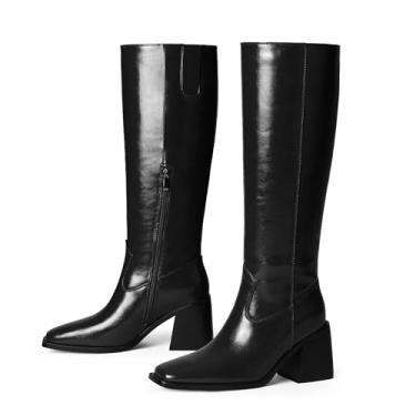 Imagem de Adolilove Bota feminina na altura do joelho, salto baixo, grosso, bico quadrado, couro sintético, longa, longa, com zíper lateral, Preto, 42