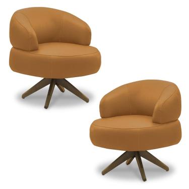 Imagem de Kit 2 Poltronas Decorativas Katy Sala de Estar Base Giratória Madeira Couro Caramelo