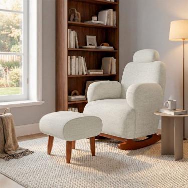 Imagem de Poltrona de Balanço Orgânica Aurora com Puff Tecido Chenille Off-white