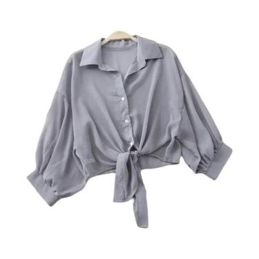 Imagem de Blusa Feminina Branca De Chiffon Solta Elegante Cor Sólida Com Amarraç