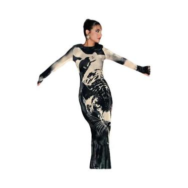 Imagem de Vestido Feminino Com Estampa De Tigre, Skinny, Elástico, Manga Comprid