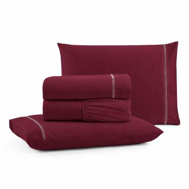 Imagem de Jogo De Lençol Casal Padrão Premium Soft 600 Fios Micropercal Bordô Ponto Palito Toque Macio 4 Peças