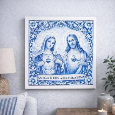 Imagem de Quadro Sagrado Coração Maria Jesus 33x33 Mold Branca Vidro