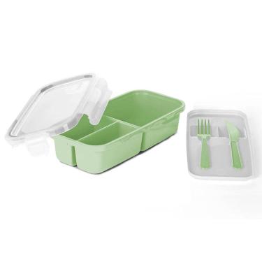 Imagem de Marmita Hermética Verde com Garfo e Faca 1,2L Pote com Divisórias Tampa Plástico