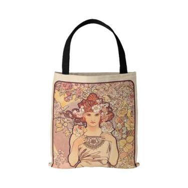 Imagem de Bolsa Tote de Lona Retrô com Impressão Digital Mucha, Rosa