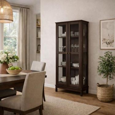 Imagem de Cristaleira de Vidro 2 Portas Madeira Maciça Marrom Elegante Cor:Freij