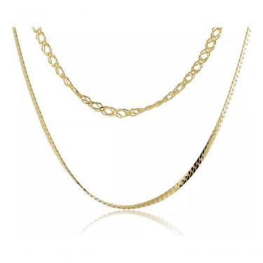 Imagem de Colar Duplo Premium Colchões Corrente Italiana Trança Folheado em Ouro 18K 46CM Feminino