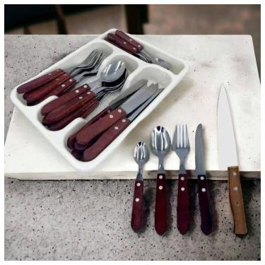 Imagem de Kit Jogo de Talheres com Porta Talher Facas Garfos Colheres Mesa Sobremesa Amadeirado