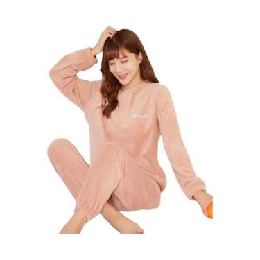 Imagem de Conjunto De Pijama Feminino De Veludo Quente Com Blusa Solta De Fleece