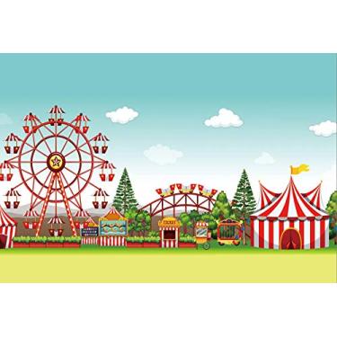 Imagem de Yeele 2,4 x 1,8 m Fairground Photo Backdrop Cartoon Circus Carnival Playground Carousel Ferris Wheel Ticket Parque de diversões Fundo para fotografia Kids Girl Boy Baby Portrait Booth Shoot Studio Adereços