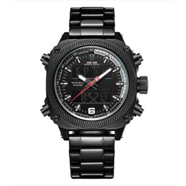Imagem de Relógio masculino quadrado digital e analógico preto branco inox casual multifunção weide 7302