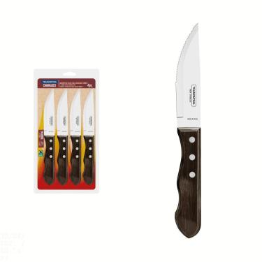 Imagem de Conjunto de Facas para Churrasco Jumbo Tramontina em Aço Inox com Cabo Castanho Polywood 4 Peças Tramontina