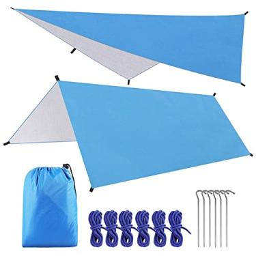 Imagem de Foern Lona de barraca portátil, PU 1500 mm impermeável, abrigo de lona leve para acampamento, lona para acampamento, mochila e aventura ao ar livre, azul, 3 x 3 m