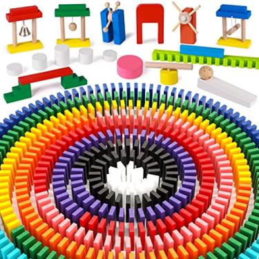 Imagem de Lewo Conjunto de dominó com 1000 peças para crianças, blocos de montar de madeira, dominó a granel, jogos de azulejo de corrida com 11 blocos extras e bolsa de armazenamento