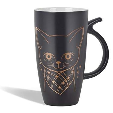 Imagem de Caneca de café de cerâmica grande para gatos Teagas 503 ml com tampa preta, Preto