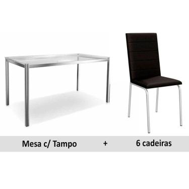 Imagem de Conjunto: Mesa Sala Jantar Reno c/ Tampo Vidro 150cm + 6 Cadeiras Amsterdã Cromado/Courano Preto - Kappesberg