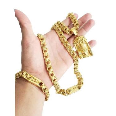 Imagem de Kit Cordão Pulseira Pingente Banhado a Ouro 18K Friso 12mm - ToJoia18k