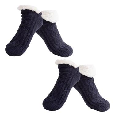 Imagem de cnomg 2 pares de meias masculinas de inverno com aderência, forradas com lã grossa, antiderrapante, para uso interno e frio, Preto, 12.5-14.5 Women/9.5-11.5 Men