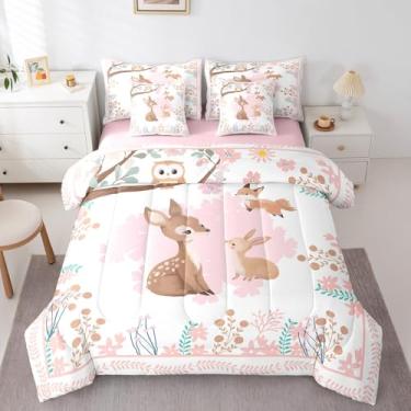 Imagem de jejeloiu Jogo de cama solteiro com tema de conto de fadas sika e flor rosa, 7 peças, para crianças, meninos, meninas, conjunto de cama de coruja kawaii
