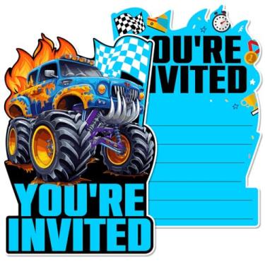 Imagem de MQCLYSG 20 conjuntos de cartões de convites de festa de caminhão monstro com envelopes adesivos convites de carro de corrida para meninos festa de aniversário dupla face (azul)