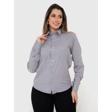 Imagem de Camisa Social Feminina Manga Longa Slim Cinza com strass - Pthirillo, 