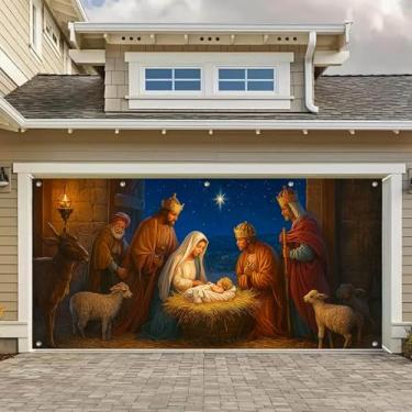 Imagem de HOMETITUTE Faixa de Natal para porta de garagem de presépio 33 x 1,8 m, bebê Jesus com Maria José, três homens sábios e animais manjedoura noite santa fundo de garagem para decoração de porta de