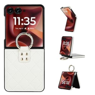 Imagem de Capa para Motorola Razr 50 Ultra, capa traseira ultrafina e leve com anel de metal, capa de couro fina à prova de choque, design elegante de ponto de diamante (branco)