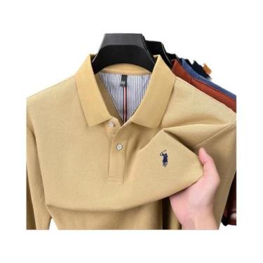 Imagem de Camisa Polo Masculina De Manga Longa 100% Algodão Puro, Marca De Desig