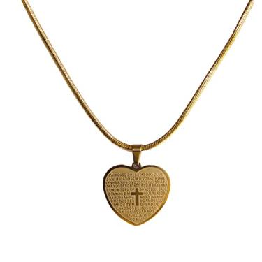 Imagem de Kit Gargantilha + Pingente Oração Pai Nosso Coração Dourado