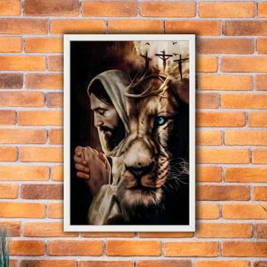 Imagem de Quadro Decorativo 60x40 com Moldura de Madeira Jesus Orando Leão com Coroa de Espinhos e Três Cruzes para Decoração Quarto Sala Escritório Hall Cor da Moldura:Branco