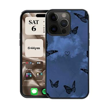 Imagem de CREFORKIAL Linda capa de telefone de borboleta azul escura estética para iPhone 14, capa rígida para iPhone 14 capa protetora fina à prova de choque TPU macio bumper + traseira rígida de alumínio