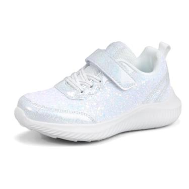 Imagem de LUCKY STEP Tênis infantil com glitter, princesa, brilhante, brilhante, lantejoulas, atlético, caminhada, escolar, sapatos para crianças/meninos/meninas, Branco, 4 Big Kid