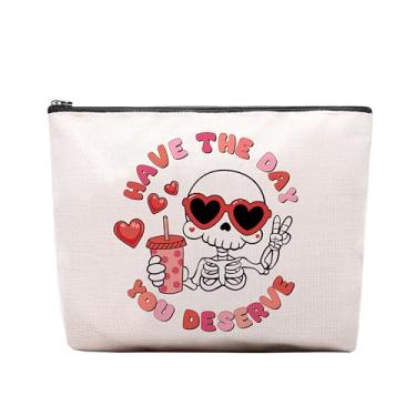 Imagem de CEASQVAA Bolsa de maquiagem Have the Day You Merve, presente engraçado peculiar, presentes motivacionais para mulheres amantes de caveiras, bolsa de maquiagem de esqueleto, bolsa com zíper, artigos de