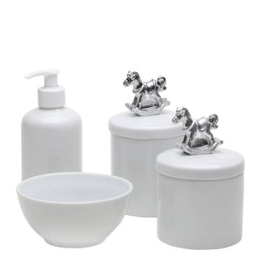 Imagem de Potes, Molhadeira e Porta Álcool Gel Cavalinho Prata Bebê