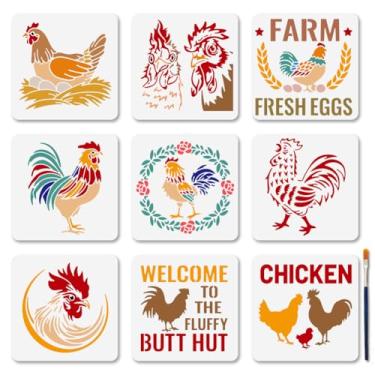 Imagem de MAYJOYDIY 9 estênceis de galinha de fazenda, 14 x 14 cm, estênceis reutilizáveis de ovo de galo, modelos de estêncil de desenho de pintinho de fazenda com pincel de tinta para móveis de madeira e