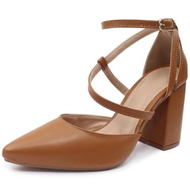 Imagem de Sapato Scarpin Re&Ton Salto Grosso Tiras Confortável Sc14 (Marrom, BR, Adulto, Numérico, 36)