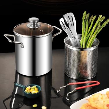 Imagem de DJAPWPX Panela de fritadeira de aço inoxidável 304 com cesta e tampa Fritadeira de grau alimentício Frigideira multifuncional para fritar peixe camarão frango batatas fritas 3,2 litros (02), prata