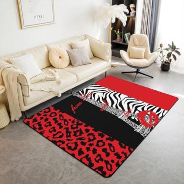 Imagem de Manfei Paris Kids Tapete de área com estampa de zebra de leopardo vermelho tapetes para decoração de quarto de meninos e meninas, tapete decorativo de pele de animal para sala de estar, tapetes
