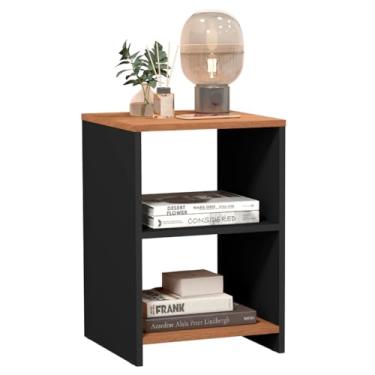 Imagem de Mesa de Cabeceira Compacta de Quarto Mesinha Apoio Lateral para Cabeceira Cama com 2 Nichos Organização e Decoração Abertos 48cm x 33cm x 30cm Design Clean Dubai (Preto/Freijó)