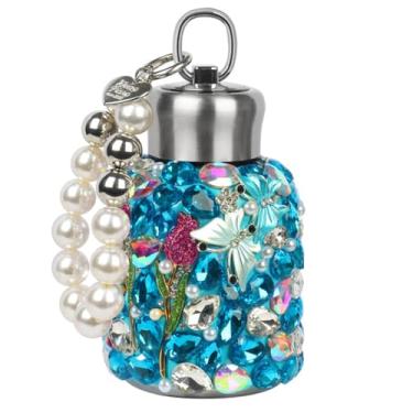 Imagem de Garrafa de água isolada com strass de 293 ml, parede dupla, garrafa a vácuo de aço inoxidável com strass e glitter, laço mantém frio, garrafa de água com alça de pulseira de pérolas (azul)