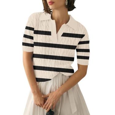Imagem de Suéter Micoson, manga curta, listrado, tricotado, decote em V, feminin
