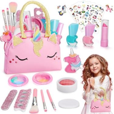 Imagem de Kit de maquiagem QDRAGON Kids Real Lavável com Bolsa Unicórnio, 20 uni