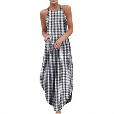 Imagem de Moda casual feminina com decote em O sem mangas verão xadrez impressão