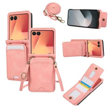 Imagem de Asuwish Capa de telefone para Samsung Galaxy Z Flip 7 5G Capa carteira com alça de pulso transversal de couro flip porta-cartão acessórios para celular ZFlip 7Z Z7 G Flip7 ZFlip7 mulheres homens rosa