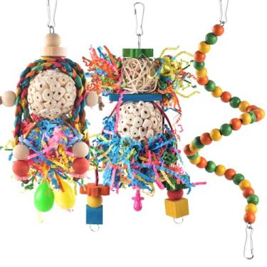 Imagem de Bissap Brinquedos Conure, 3 peças de brinquedos para pendurar papagaios, triturador de forrageamento, bolas de sola com martelo de areia, poleiro, escalada para pequenos papagaios, periquitos, conures