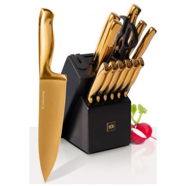 Imagem de Conjunto de Facas STYLED SETTINGS em Titânio com Bloco de Bancada e Afiador Embutido, 14 Peças, Dourada