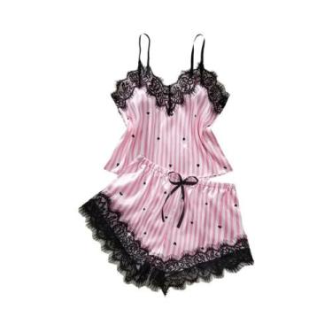 Imagem de Conjunto De Pijama Feminino De Verão Em Seda Satin Com Decote Em V, Se