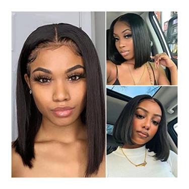 Imagem de Perucas femininas brasileiro liso Bob Lace Wig HD transparente 13 × 5 lace frontal peruca 20-40 centímetros perucas de cabelo humano curto bob para mulheres peruca de cabelo humano pré-arrancado osso liso peruca perucas de cabelo humano (tamanho : 180%, cor: