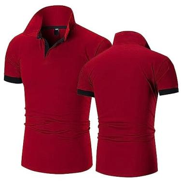 Imagem de GLLUSA Camisas polo masculinas patchwork camisetas de golfe tênis manga curta rúgbi meia manga gola academia desgaste ciclismo jersey, Vinho tinto, 4G