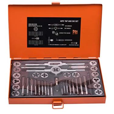 Imagem de Edward Tools Conjunto métrico de 40 peças de torneira e matriz - Estojo de armazenamento de aço - Aço carbono de grau profissional C45 - Inclui torneira, matrizes, chave de fenda, chave de torneira, medidor de inclinação de parafuso - Crie roscas novas ou repare